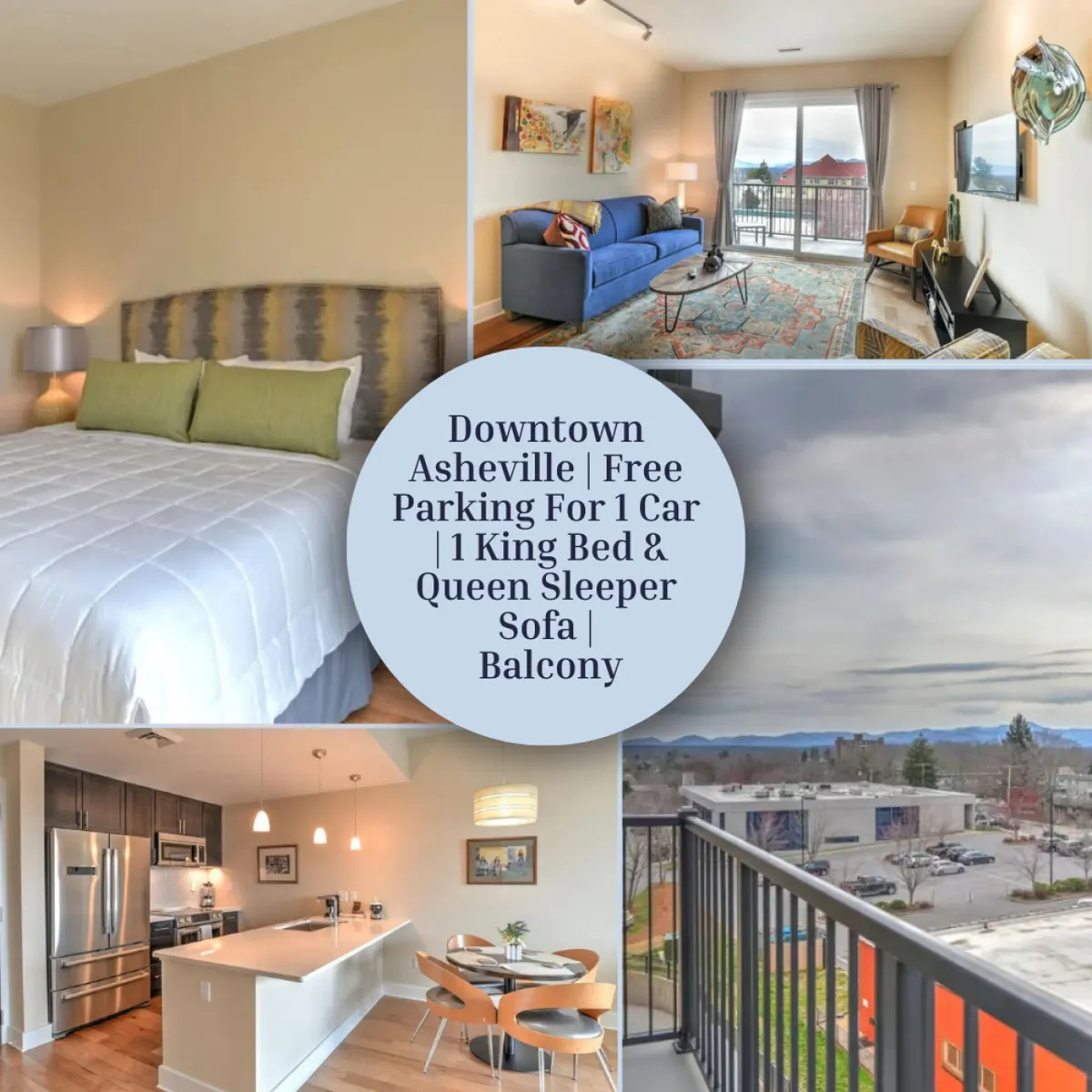 The image showcases a bright and contemporary open-plan living area featuring a plush king bed, a stylish queen sleeper sofa, a modern kitchen island, and a glass door leading to a private balcony with downtown Asheville views. The space is thoughtfully arranged for both relaxation and entertaining, with warm lighting and inviting decor.